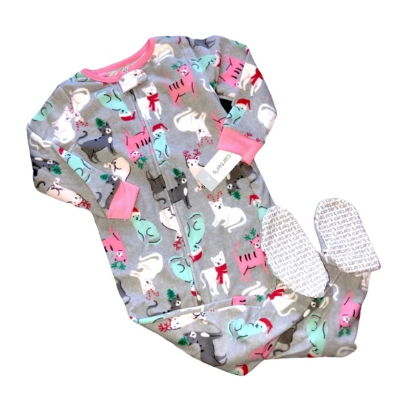 Cat Pajamas Girls Zip Up Carter’s Soft Christmas - Picture 2 of 6